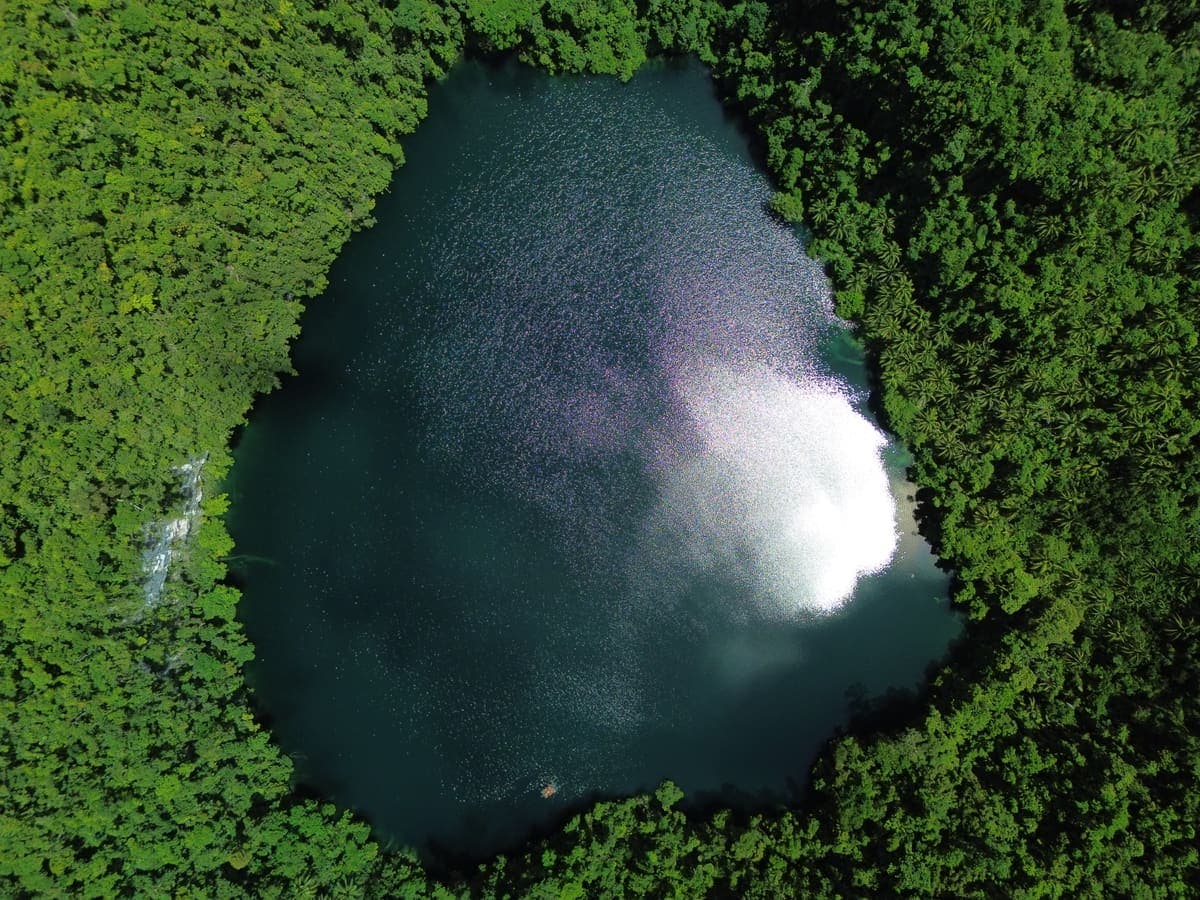 A hidden freshwater lake enclosed by forest, photographed from the air