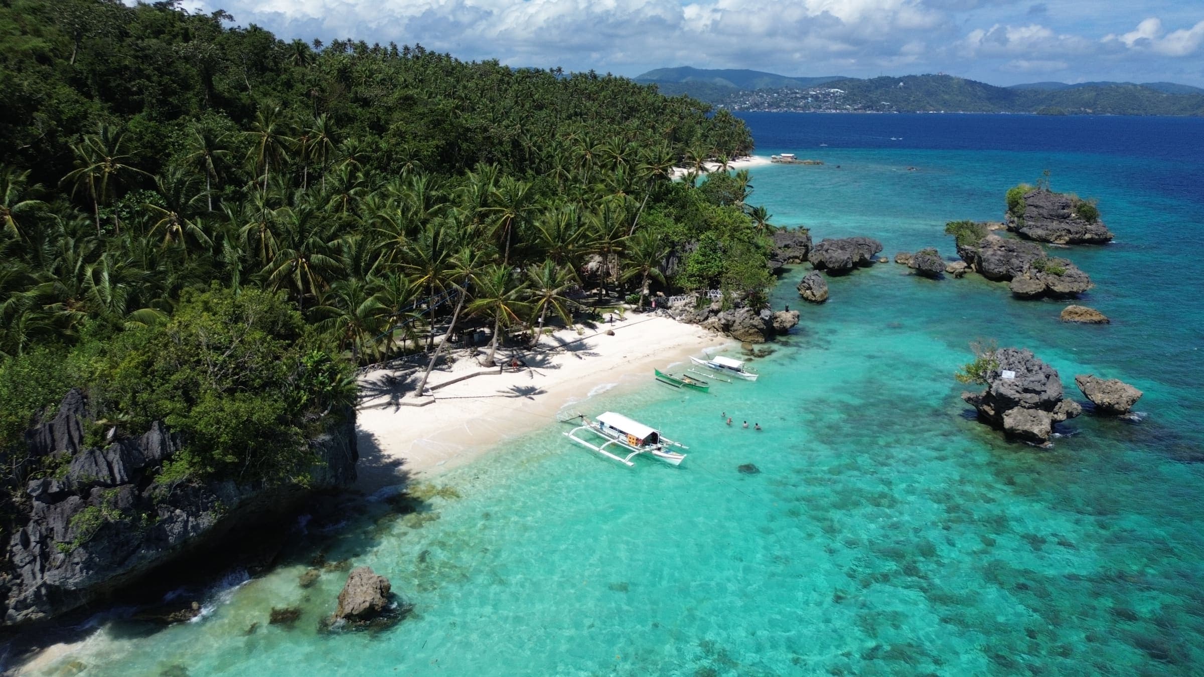A palm-lined white beach on Dinagat Islands with an outrigger boat drawn up on the sand