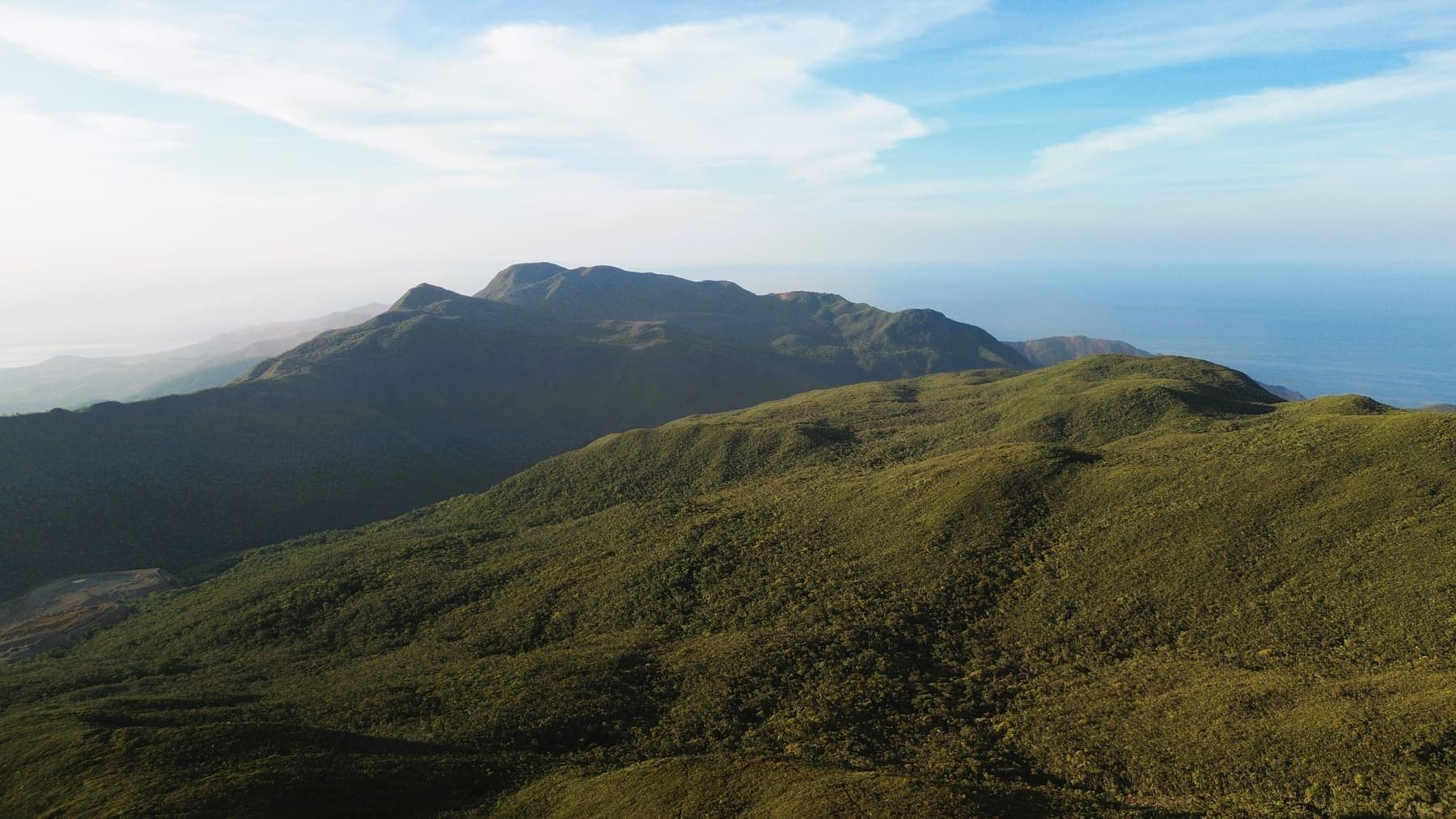 A ridge of low dwarf forest along the mountain spine of Dinagat with the sea beyond